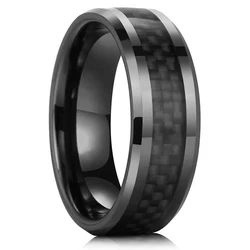 Timeless Titanium Stainless Steel Ring with Black and Blue Carbon Fiber Inlay - Elegant Men's Wedding Band and Gift Accessory - 8 (Black Color)