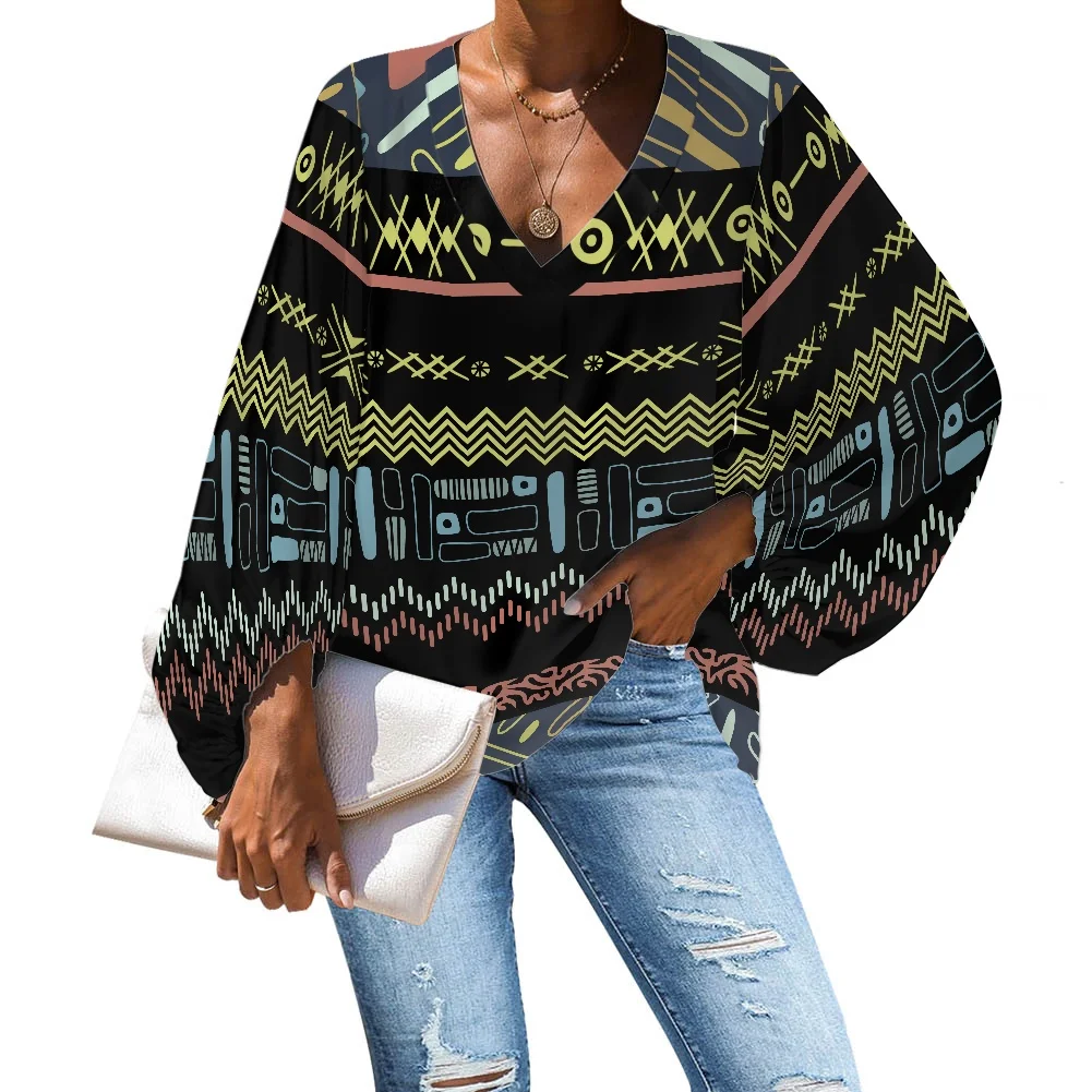 

Women Chiffon Blouse 2022 New Style Summer Ethnic tribal pattern Print Tunic Casual Lantern Long Sleeve V-neck Top Lady Femme