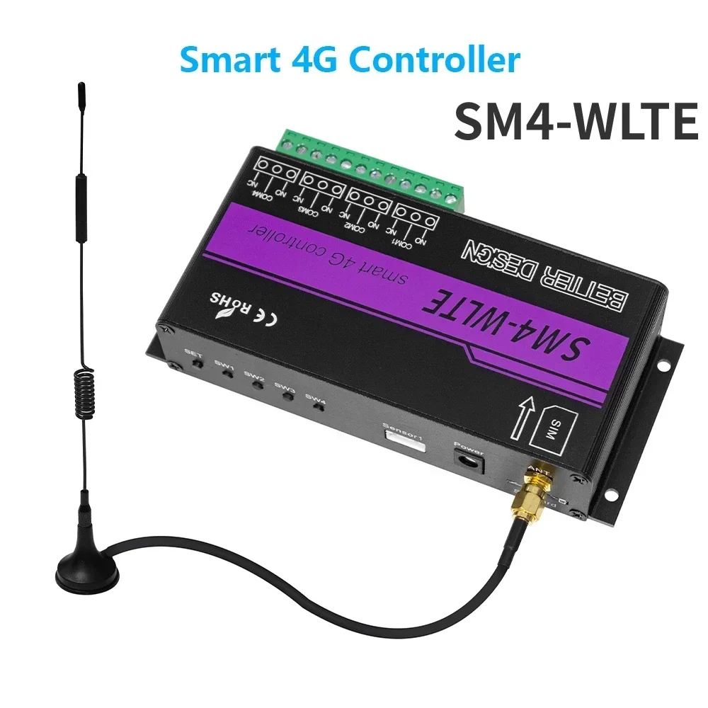 

SM4-WLTE Intelligent Remote Switch SMS Temperature and Humidity Control 4G LTE Relay Controller GSM Garage Door Automatic Opener