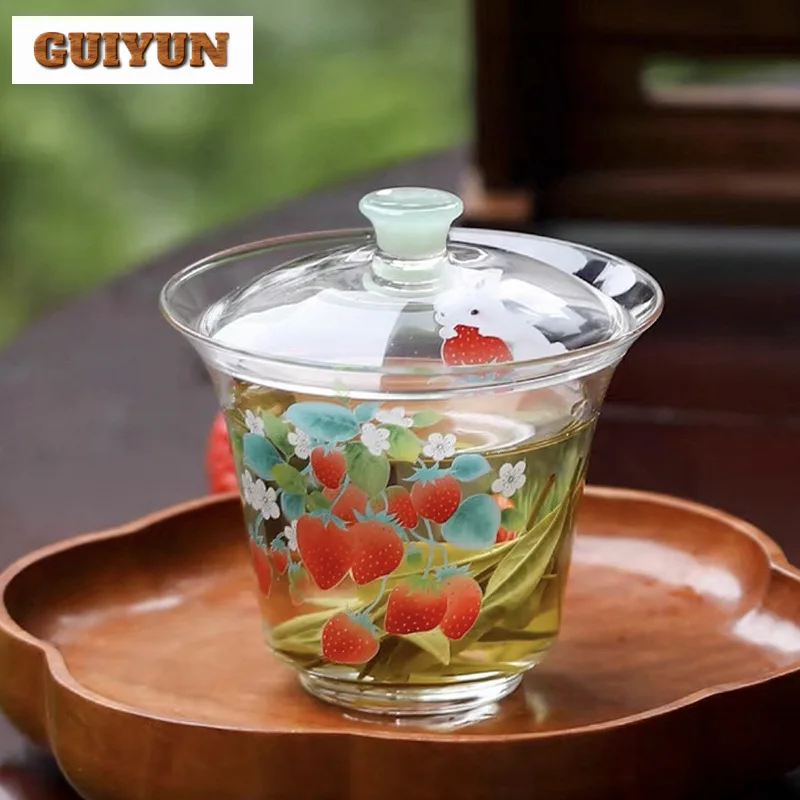 155ml Strawberry Heat-resistant Glass Gaiwan Luxury Tea Tureen Household Tea Making Cover Bowl Services Equipment Ornaments