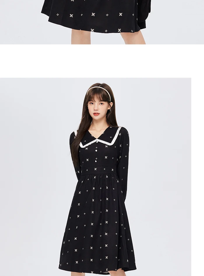 Vestido de mujer con mangas abullonadas y estampado completo, negro, de invierno, con solapa de encaje.