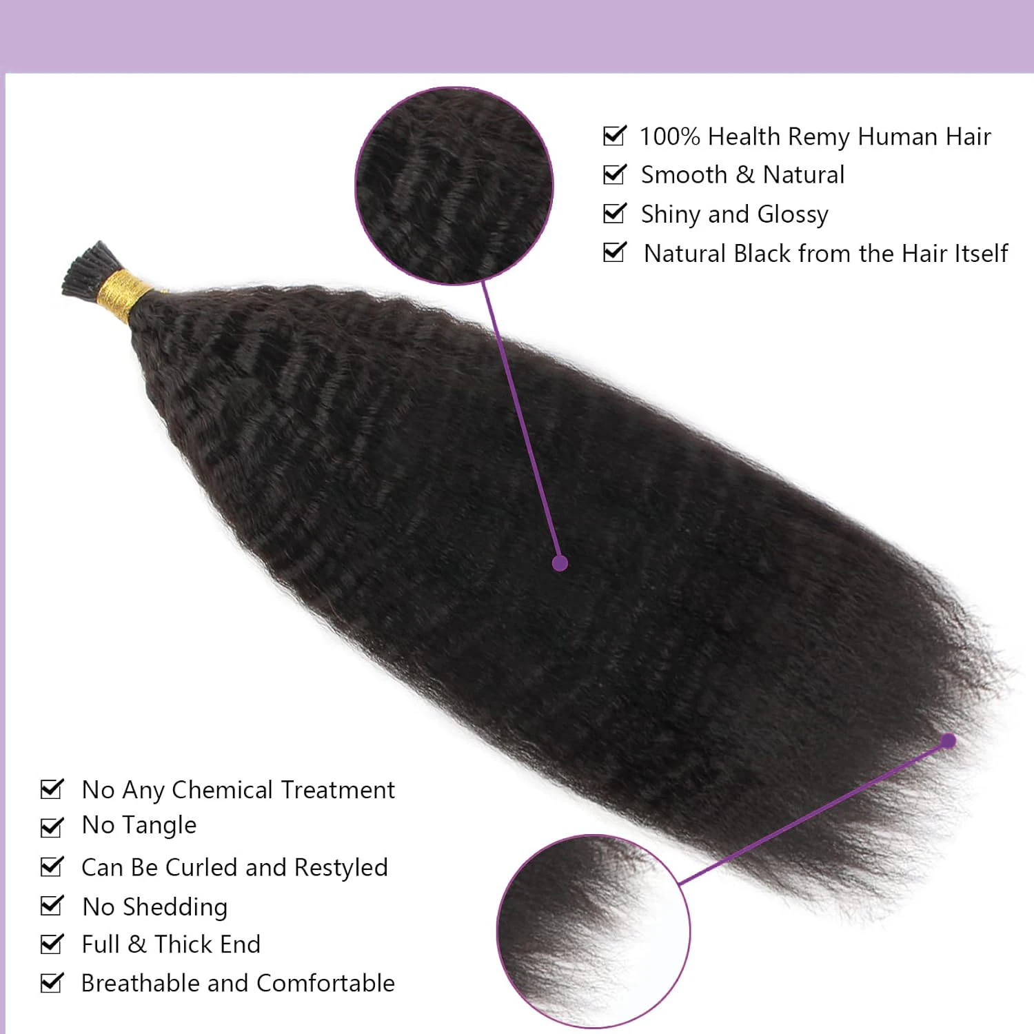 I Tip Hair Extensions Human Hair Kinky Straight Itips For Black Women Full to Bottom Natural Black I Tips hair extensions