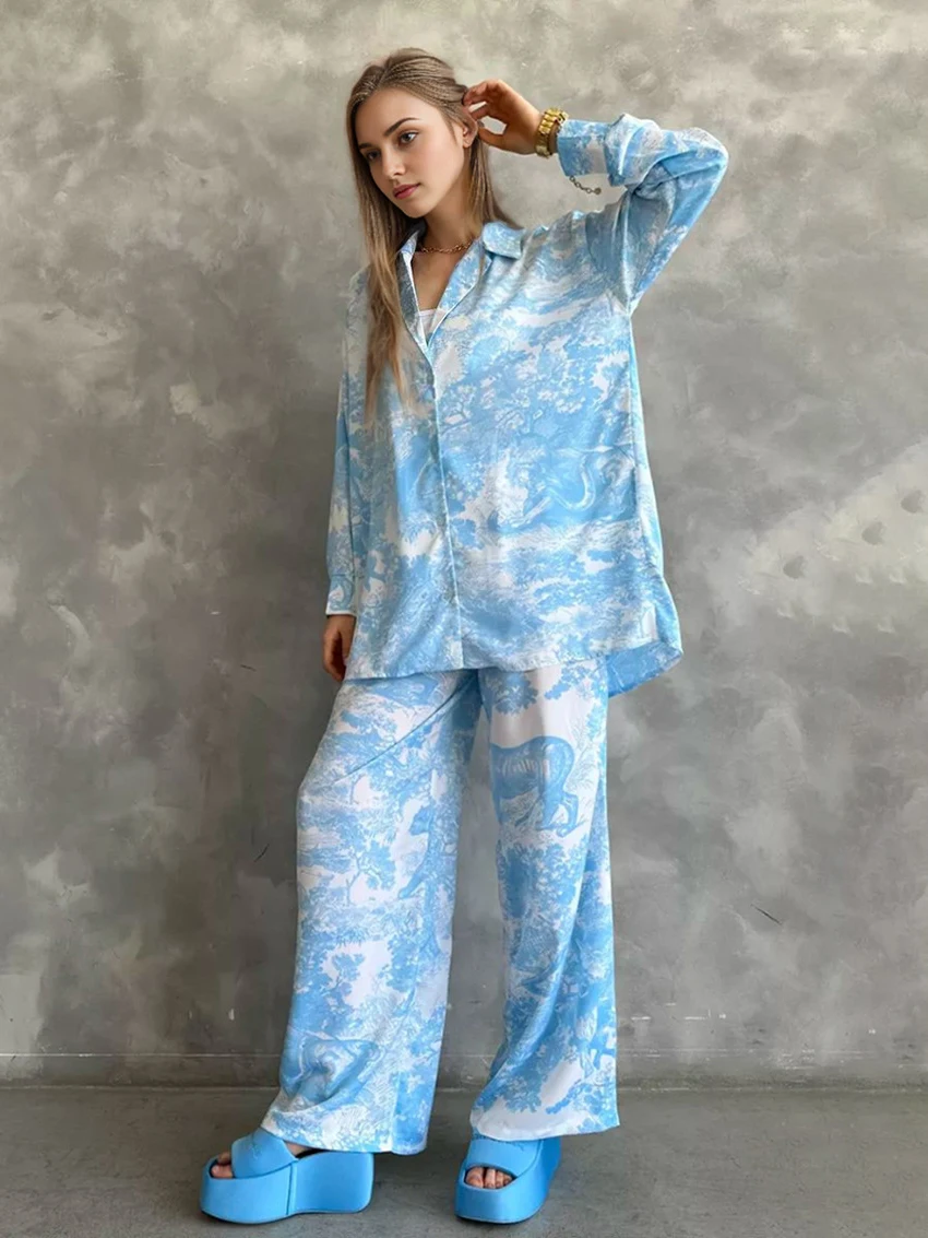 Marthaqiqi Casual Ladies Nightgowns Suit Long Sleeve Sleepwear Turn-Down Collar Nightwear Pants Loose Women Pajamas 2 Piece Set
