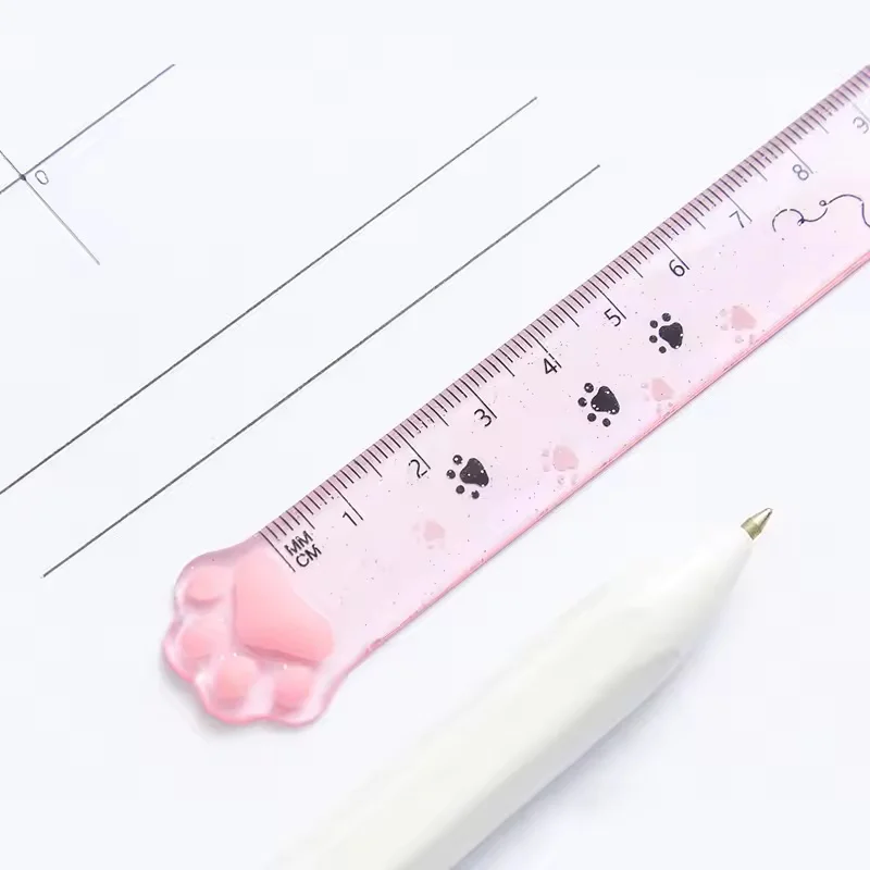1Pcs 고양이 발 디자인 눈금자 측정 그리기 기능 학생 사무용품 용 투명 플라스틱 눈금자