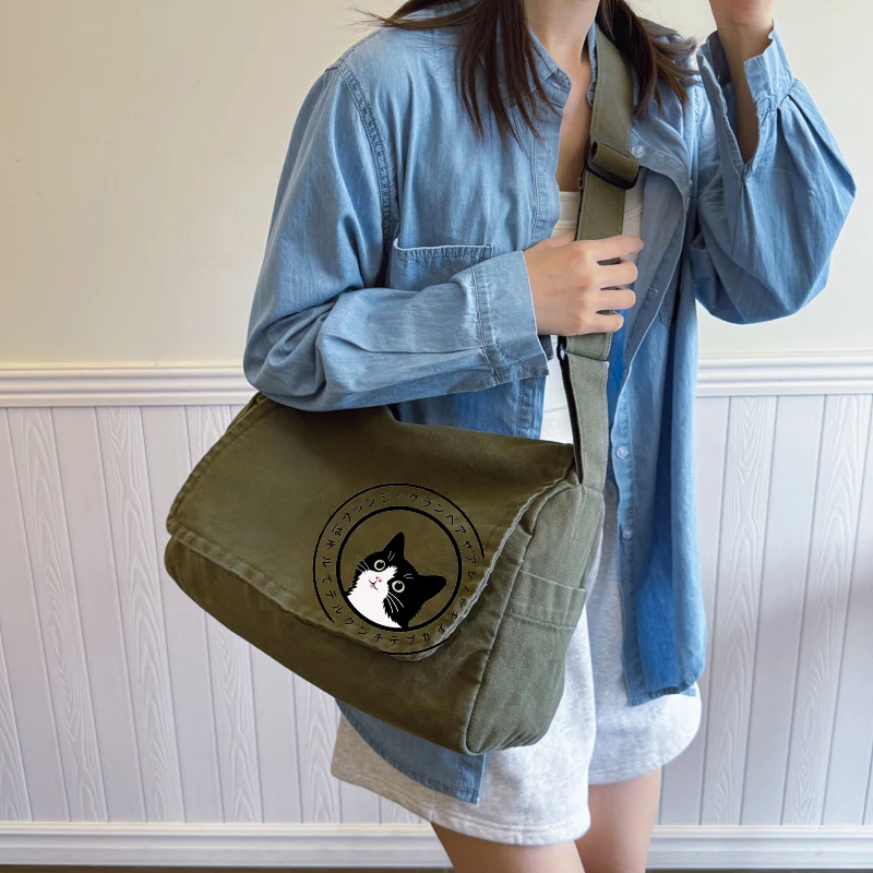 Women's Cat Print Shoulder Bag Female Canvas Messenger Bag Retro Tote Crossbody Bag Laptop Commuting Bag