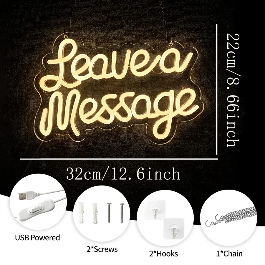 메시지 남기기 LED 네온사인, 홀더 베이스 포함, 방명록, 비즈니스 데스크 테이블, 웨딩 리셉션, 웰컴 벽 장식 사인, USB