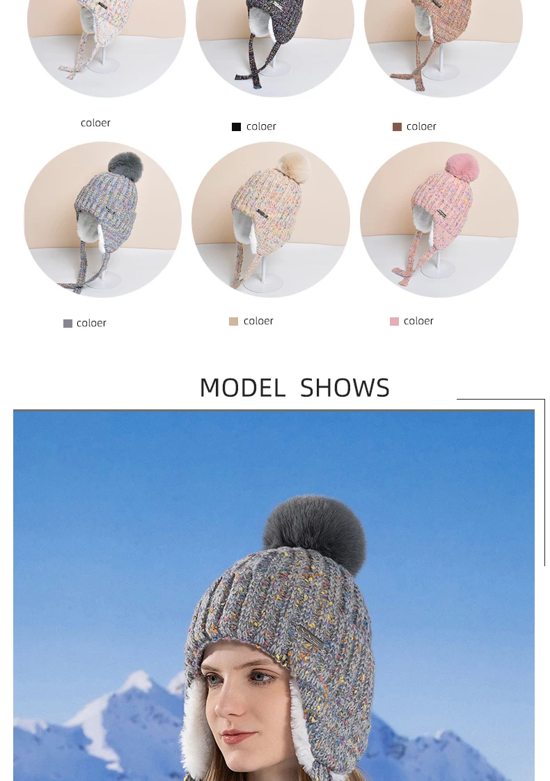 Gorros con orejeras para mujer, franjas de diferente Color, Sherpa Ski Snow, grueso, de felpa de punto, sombrero de bombardero con pompón grande_voghion.com