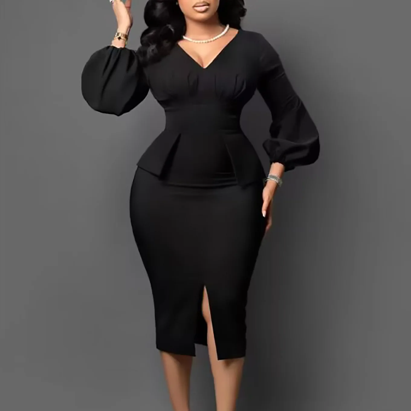 

Women's V-neck Lantern Sleeve Draped Bodycon Midi Dress 2023 High Waist Slit Elegant Office Lady Party Evening Dresses Vestidos