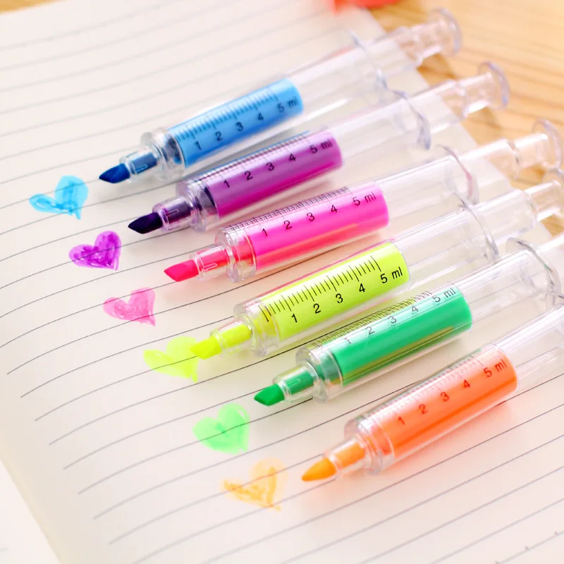 6Pc Kawaii Syringe Highlighter Pen Syringe Needle Shape Mechanical Color pen Ballpoint for Office School Marker Writing Tool