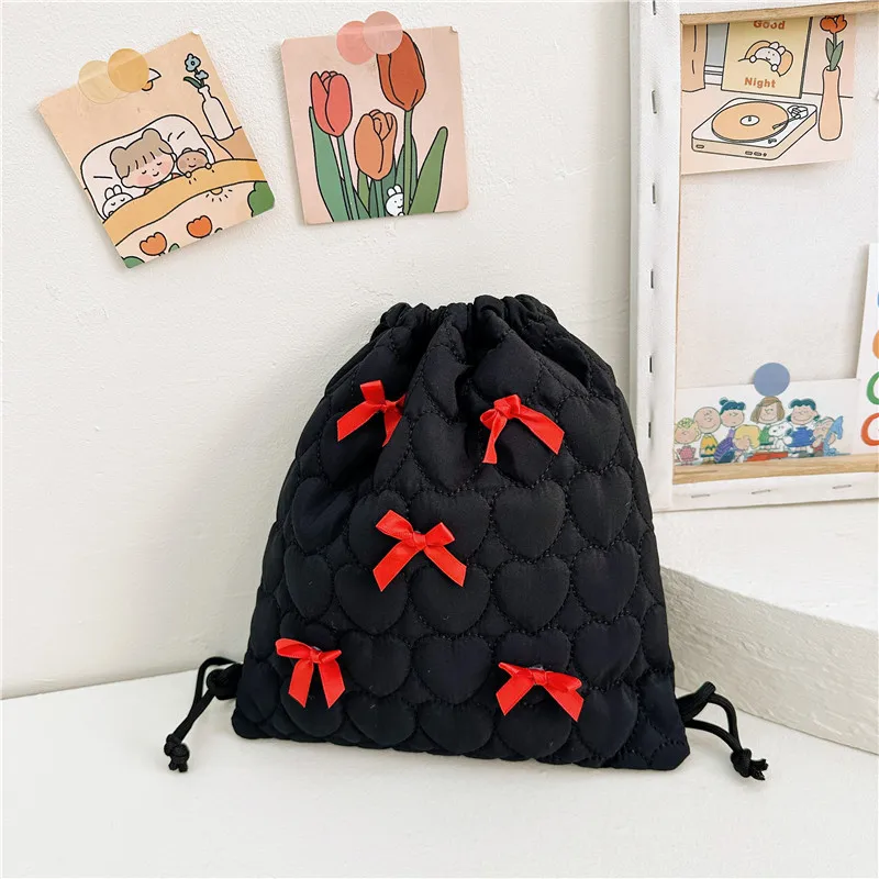 Sweet Girls Y2k Aesthetic Kawaii Bow Backpack Women Students Small Drawstring Backpack Space Cotton Casual Trendy Bolsa Feminina