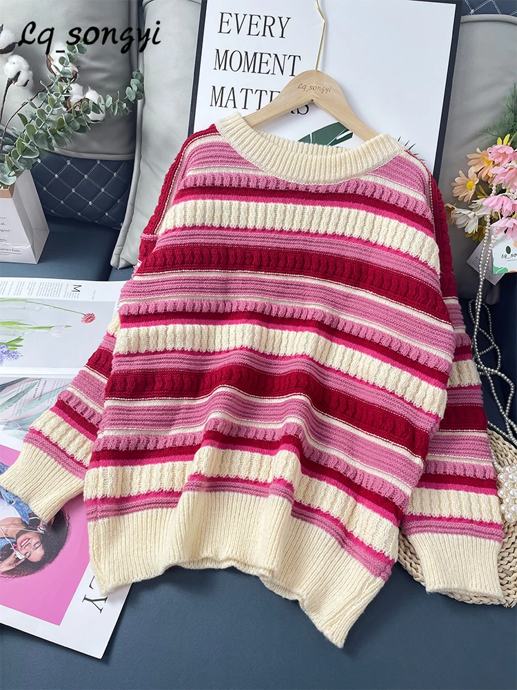 New Women Stripe Sweater Autumn Oversize Stripe Sweater Women Baggy
