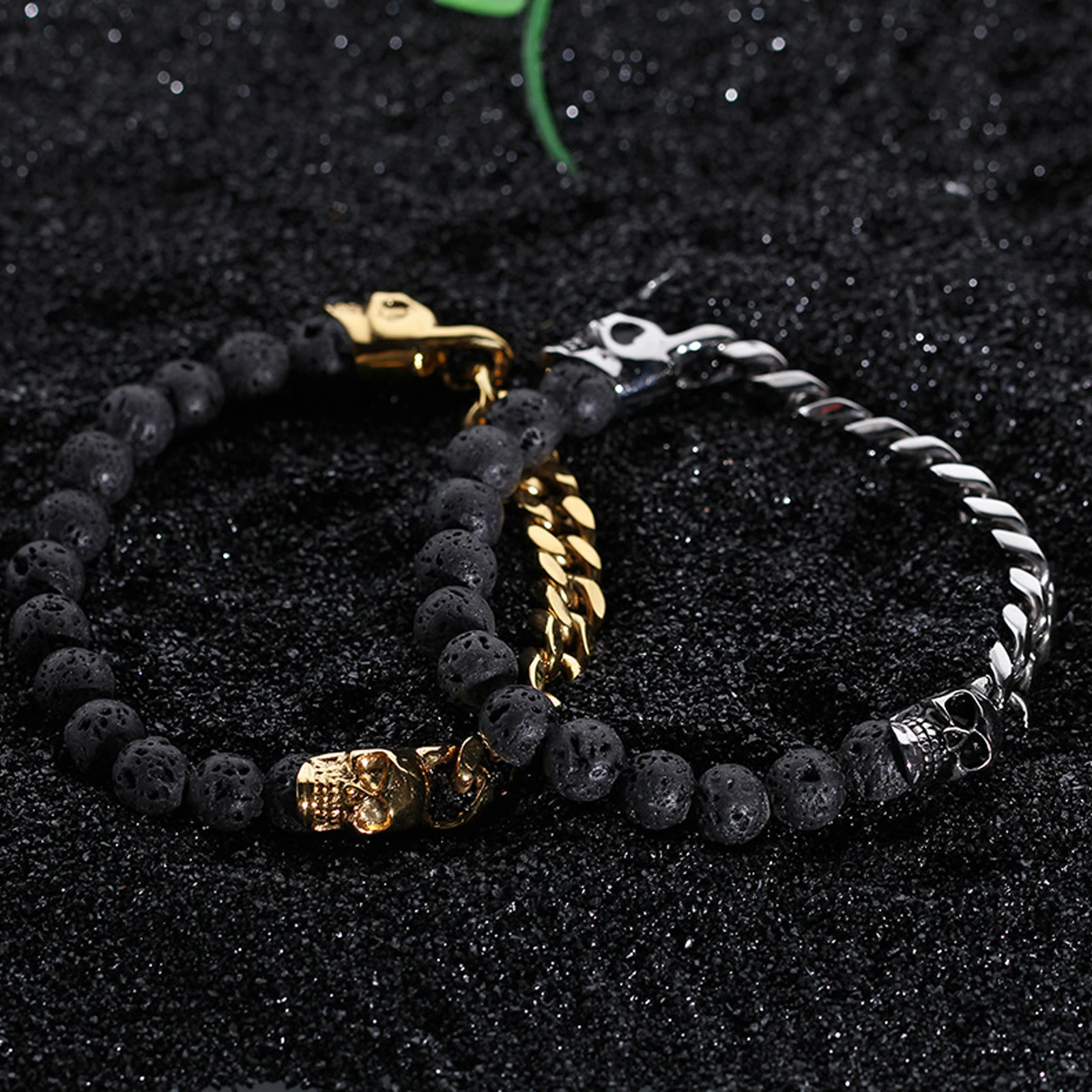 Couple High Quality Stainless Steel Bracelet Punk Skull Cuban Black Beaded Jewelry