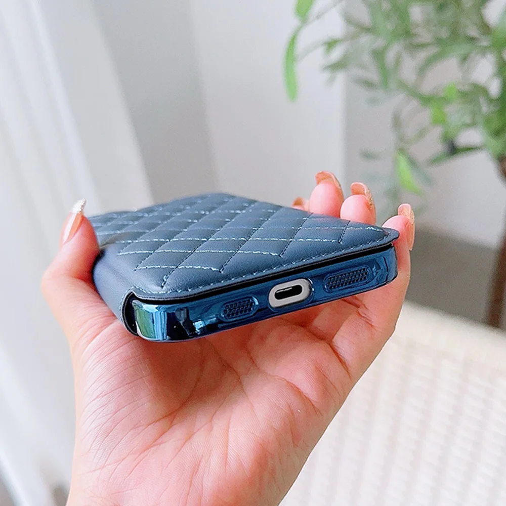 Elegant Lattice Leather Wallet Flip Case with Magsafe Wireless Charging Compatibility