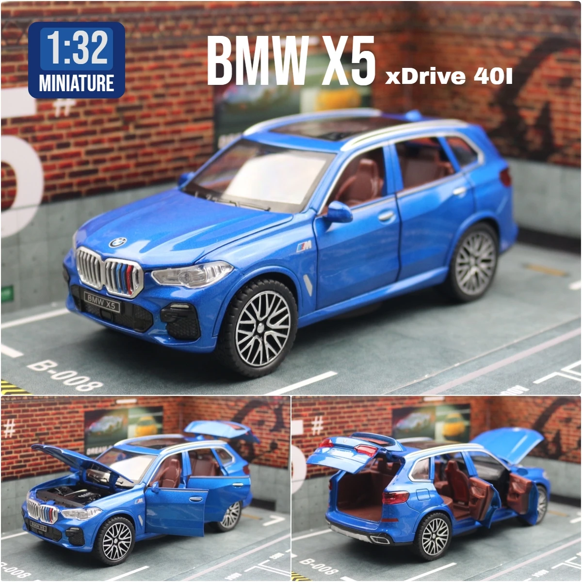 1/32 BMW X5 SUV Toy Car Model Diecast Metal Vehicle Miniature Sound & Light Pull Back Collection Gift for Children Boys Kid 4