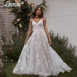 Romantic Lace A-line Wedding Bride Dress With Slit Spaghetti Straps V-neck Wedding Gown Backless Bridal Gown Custom Plus Size