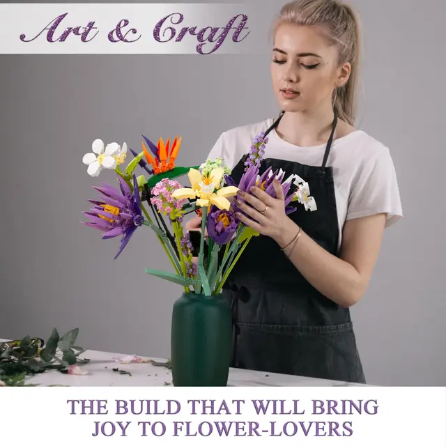Bouquet of Blue Lotus Building Sets - 891 Piecse Artificial Flowers Kit for Adults, Home Decor, Mother's Day, Valentine's Day 4
