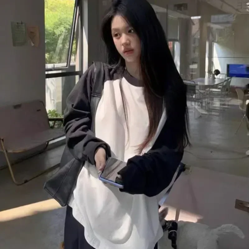 Casual Oversized T Shirt Y2k Tops Harajuku Long Sleeve O-Neck T-Shirts Spring Autumn Black White Patchwork Tees Women Streetwear 4