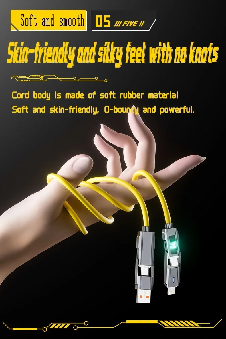 4 in 1 USB C Data Cable Digital Display Silicone for Iphone PD 66W Zinc Alloy Fast Charging Cable Line Type C with LED Design