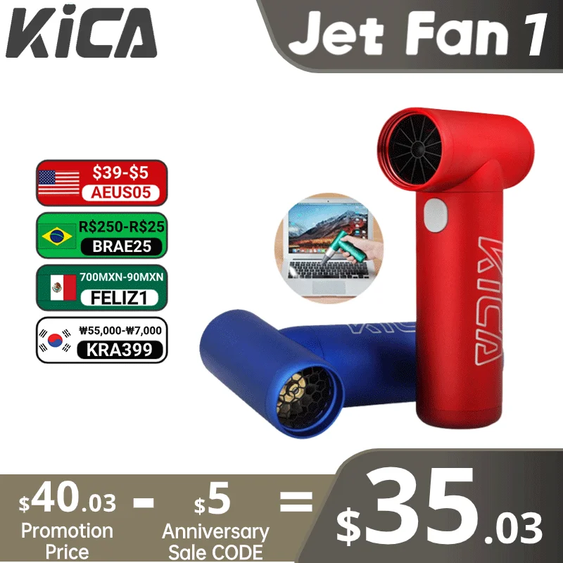 Dépoussiéreur à Air Comprimé Kica JetFan - Ultra Puissant 110 000 Tr/min - Rechargeable Avec 4 Buses - Parfait Pour Nettoyer PC, Claviers, Objectifs