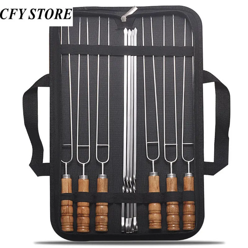 6-10 PCS/Set Stainless Steel Wire BBQ Skewers Wood Handle Grill Roasting Sticks Outdoor Camping BBQ Tools Storage Bag Kit Barbecue Skewers BBQ Grilling Accessories