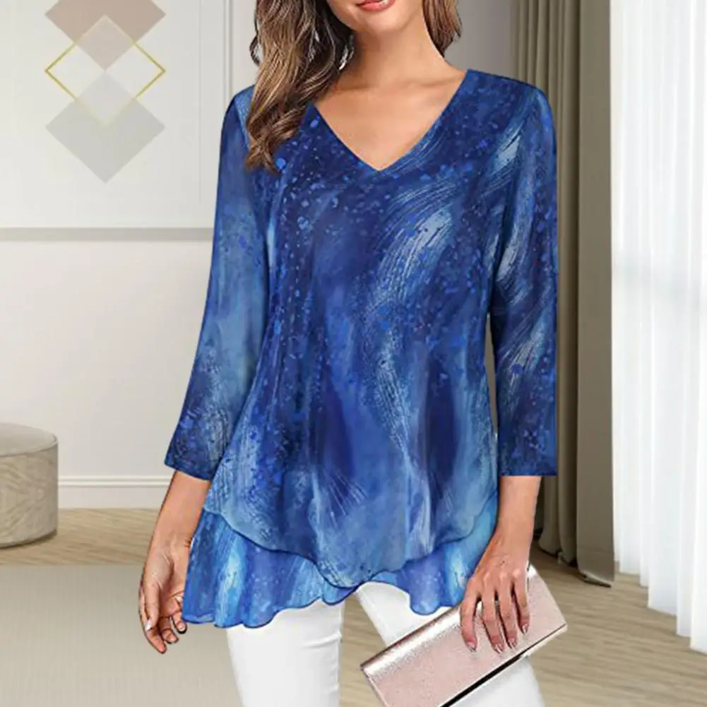 

Printed Blouse Stylish Women's V Neck Print Top Trendy Three Quarter Sleeve Asymmetric Hem Soft Pullover for A Chic Fall/spring