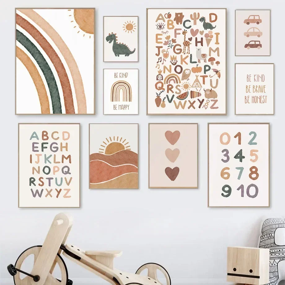 

Boho Rainbow Dinosaur Love Alphabet ABC Wall Art Painting Canvas Nordic Posters And Prints Wall Pictures Kids Baby Room Decor