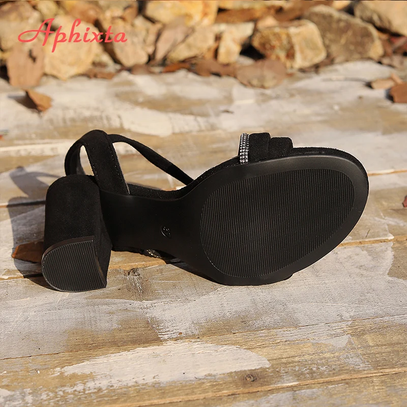 Aphixta Summer Hot Sale 8cm Heeled Sandals Black Ankle Strap Peep Toe Sandals High Heels Classics Crystal Woman Shoes Size43