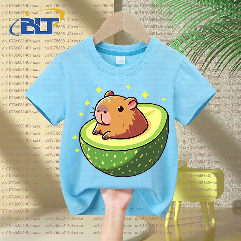 Cute Capybara Avocado print kids summer T-shirt set children's cotton short-sleeved shorts 2-piece set for boys and girls 5