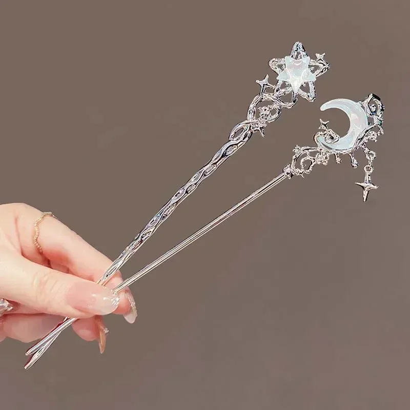 Hair Accessory Pearl Hairpins Hair Stick Hair Clip Hair Headdress Jewelry Accessories Bridal Headwear Hair Band Crown Hair Comb Moonlight Stone Chinese Star Moon Hairpin Women Woven Personality Headpiece