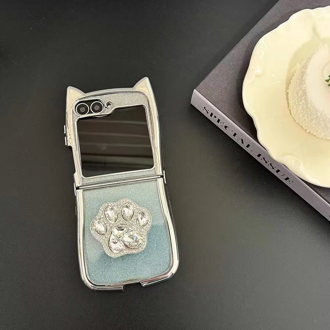 For Samsung Galaxy Z Flip 3 4 5 6 Cute Cat Ear Paw Holder Stand Glitter Phone Case Cover_voghion.com