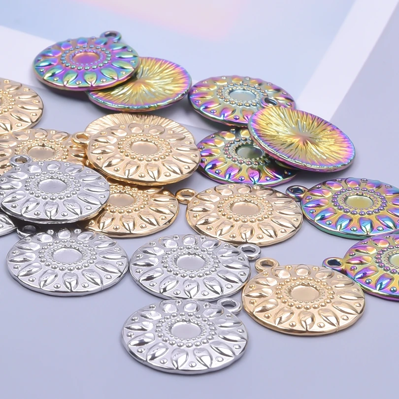 

10pcs/lot No Fade Stainless Steel Vintage Round Flower Rainbow Personalize Pendant DIY Making Fashion Earrings for Women Jewelry