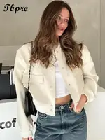 Fashion Pocket Short Jacket Women Solid O Neck Long Sleeve Coat 2023 Spring Autumn Casual Female Single Breasted Outwear - Image 2