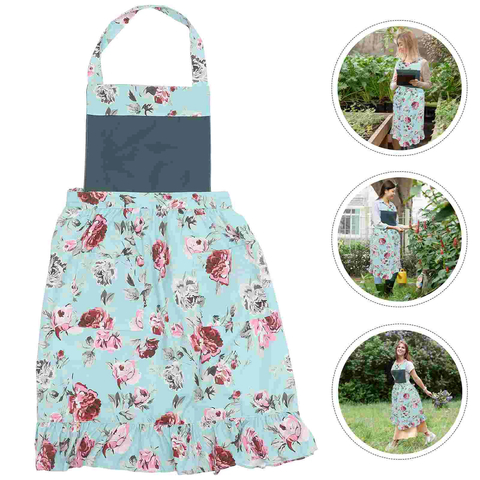 

Women's Gardening Apron Clothing Grill Aprons for Floral Rose Pretty Flower with Packets Hairstylist