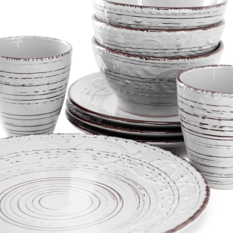 Malibu Calcite 16Piece Stoneware Embossed Pattern Reactive Glaze Light Gray Dinnerware Set for Home Dining Tables Elegant Serve 6