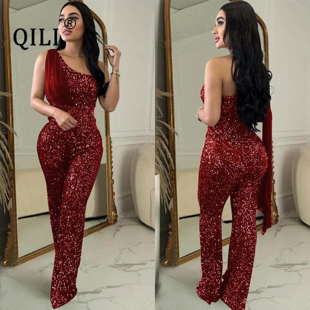 QILI-Women's One Shoulder Sequined Romper, Sleeveless Jumpsuit, Elegant Fashion, Black, Green, Red