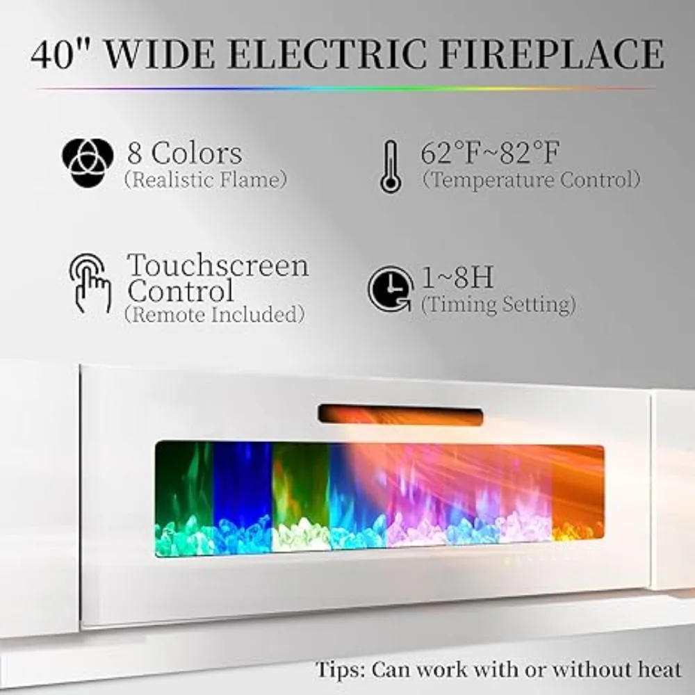 ireplace TV Stand with 40" Fireplace, 80" Modern High Gloss Fireplace Entertainment Center LED Lights, 2 Tier TV Console Cabinet 2