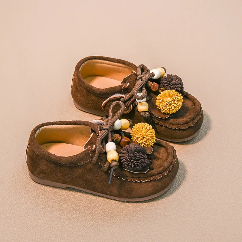 Leather Girls Flat Shoes Coffee Color Wedding Party