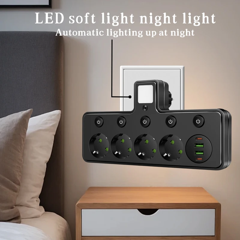 EU Plug Socket 4/3 Sockets Power Strip With 2 USB 2 Type-C Port with Night Light Wall Charger Adapter For Home Offices 3