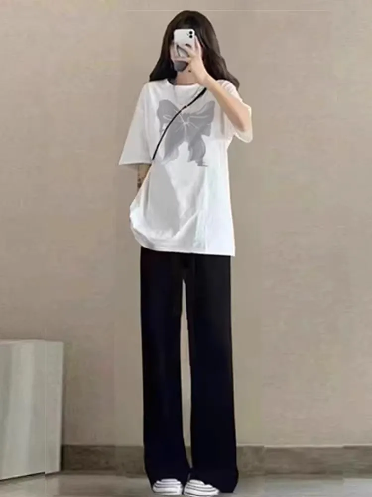 여름 신상 루즈핏 나비 프린트 반팔 티셔츠 와이드 레그 팬츠 투피스 세트 캐주..