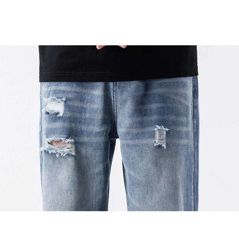 Men Fashion Vintage Jeans Streetwear Ripped Loose Hip Hop Hole Trousers Casual Straight Wide Denim Pants