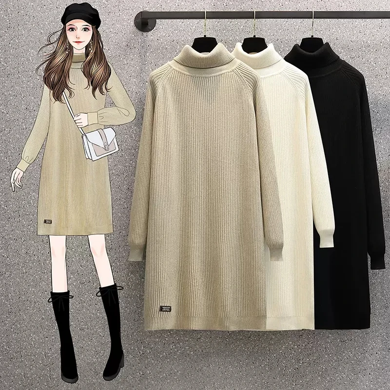 

Fashion Long High Neck Sweater Dress For Women Clothing Autumn Winter With Overcoats Large Size Knitted Dress fp831