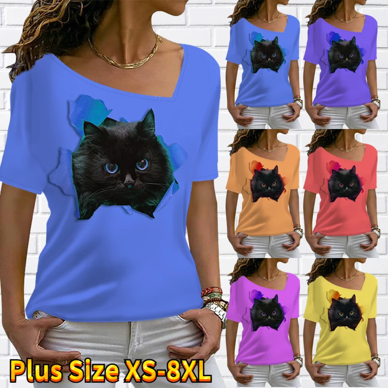 

3D Animal Printing Short Sleeve V-neck T-Shirt Oversized Top Summer Casual Pullover Women's Fashion Clothing Simple Style Tee