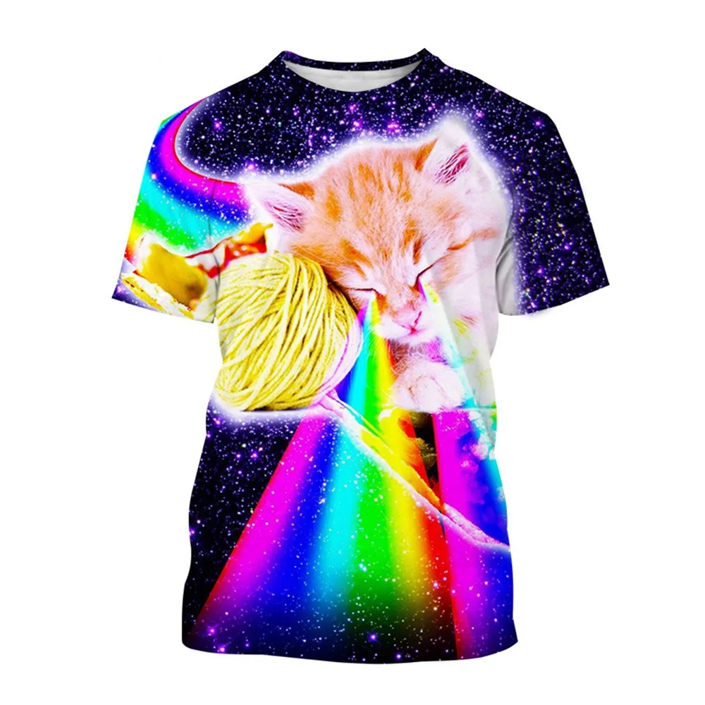 ユニセックス半袖Tシャツ,3D猫のストリートウェア,クール,動物,銀河