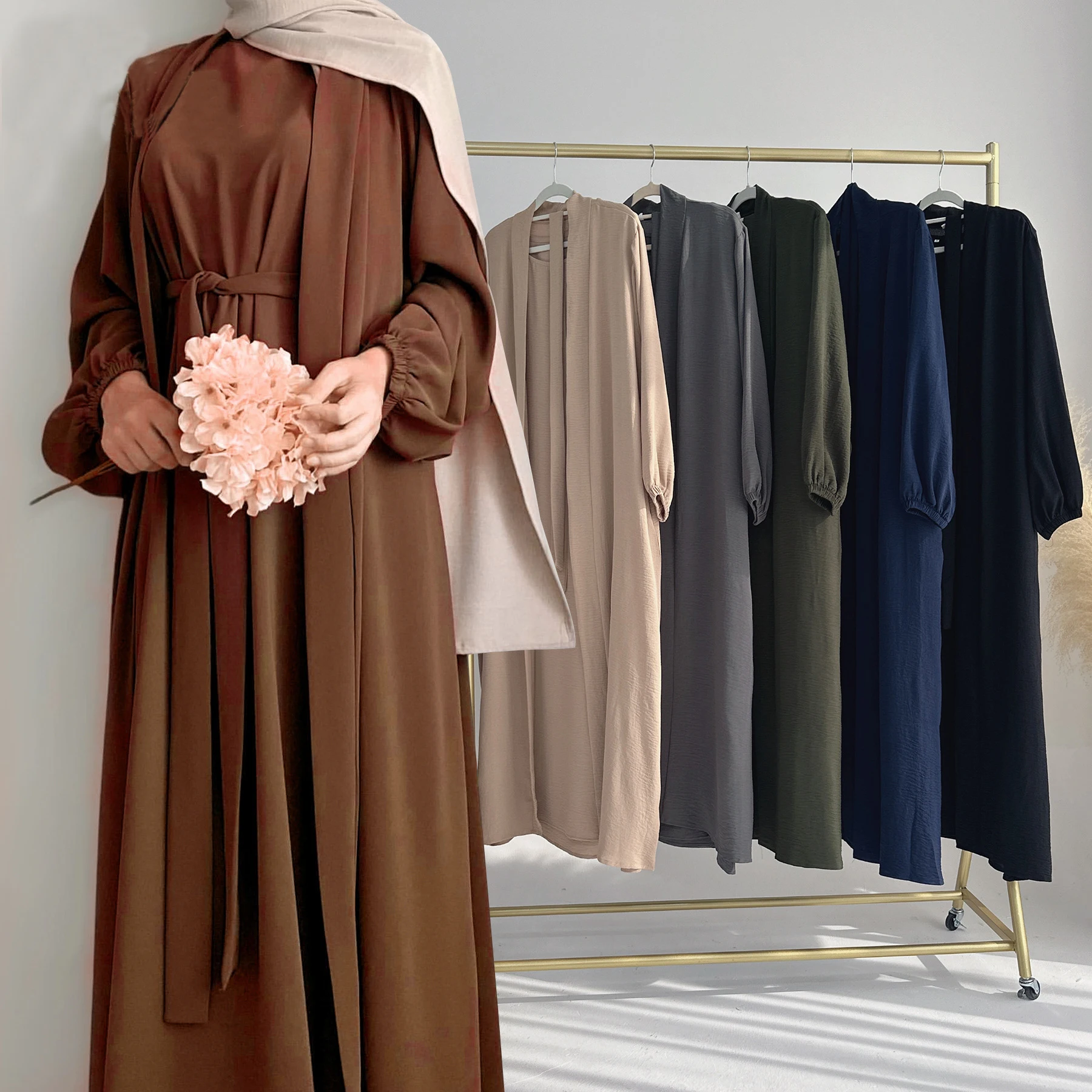 2025 Latest 2 Piece Abaya Set Plain Abaya EID Ramadan Islamic Clothing Women Muslim Dress Cardigan Abaya 2
