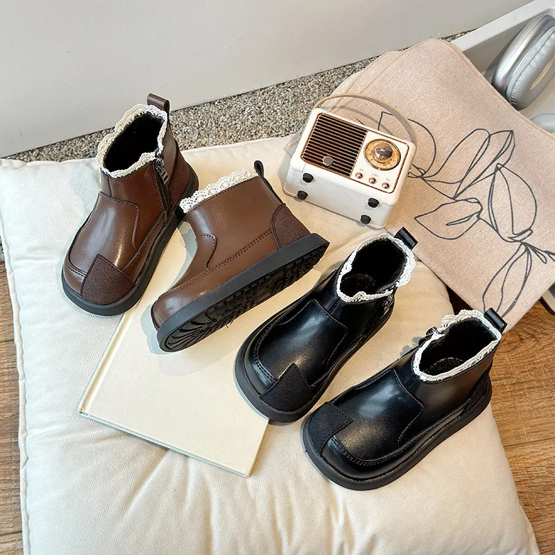 Kids Princess Boots with Cotton Girls Short Boots with Sweet Lace Non-slip 2025 Autumn Winter New Children Ankle Boots Elegant