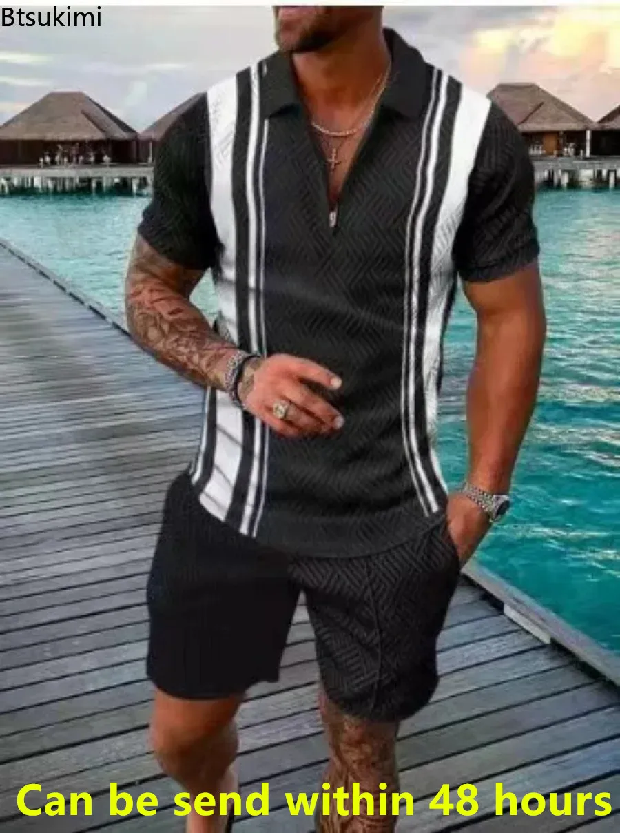 2024 Trend Men Streetwear Fashion Half Zip Polo Shirts+shorts 2 PCS Sets Men's 3D Digital Print Casual Suit New Male Tracksuits