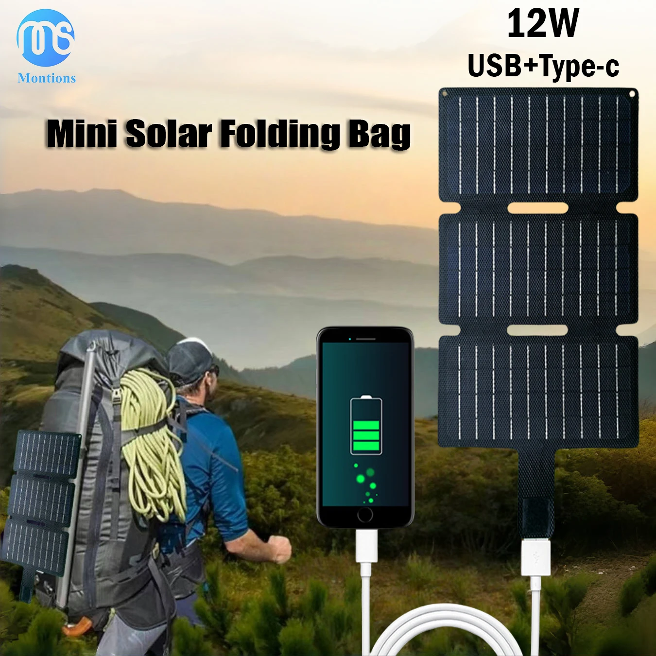 12W Portable Mini Solar Panel with USB USB-C Ports Folding Solar