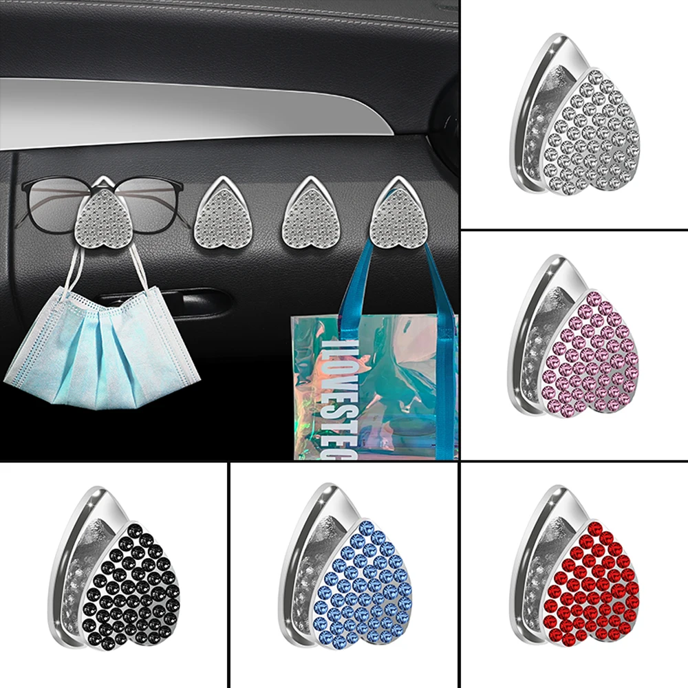 

Heart Shape Self Adhesive Diamond Car Hooks Crystal Rhinestone Car Mounted Hooks Auto Interior Decor Home Supplies Door Hanger
