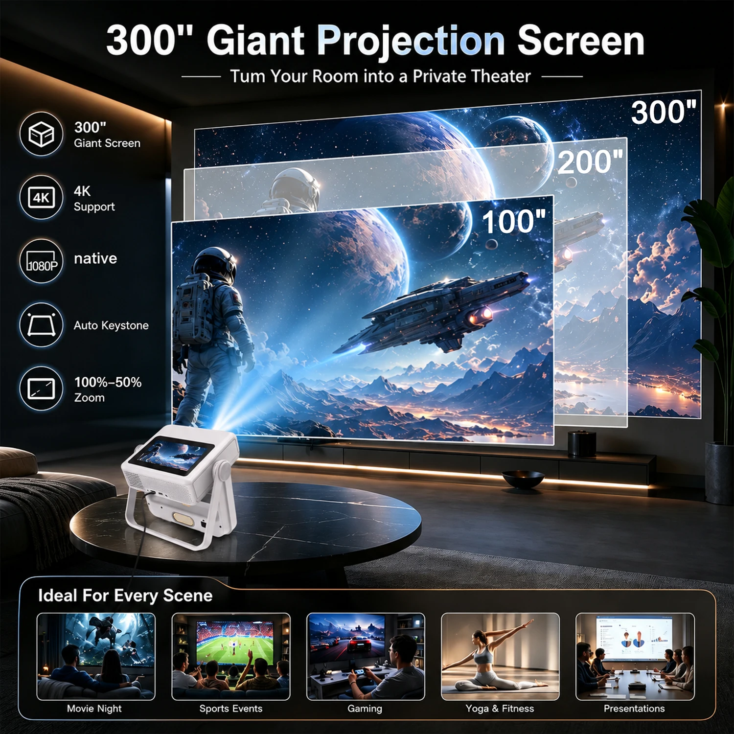 7인치 1080P 4K 프로젝터 자동 초점 180 °   회전식 휴대용 야외 시네마 HDMI USB BT5.0 WiFi 스크린