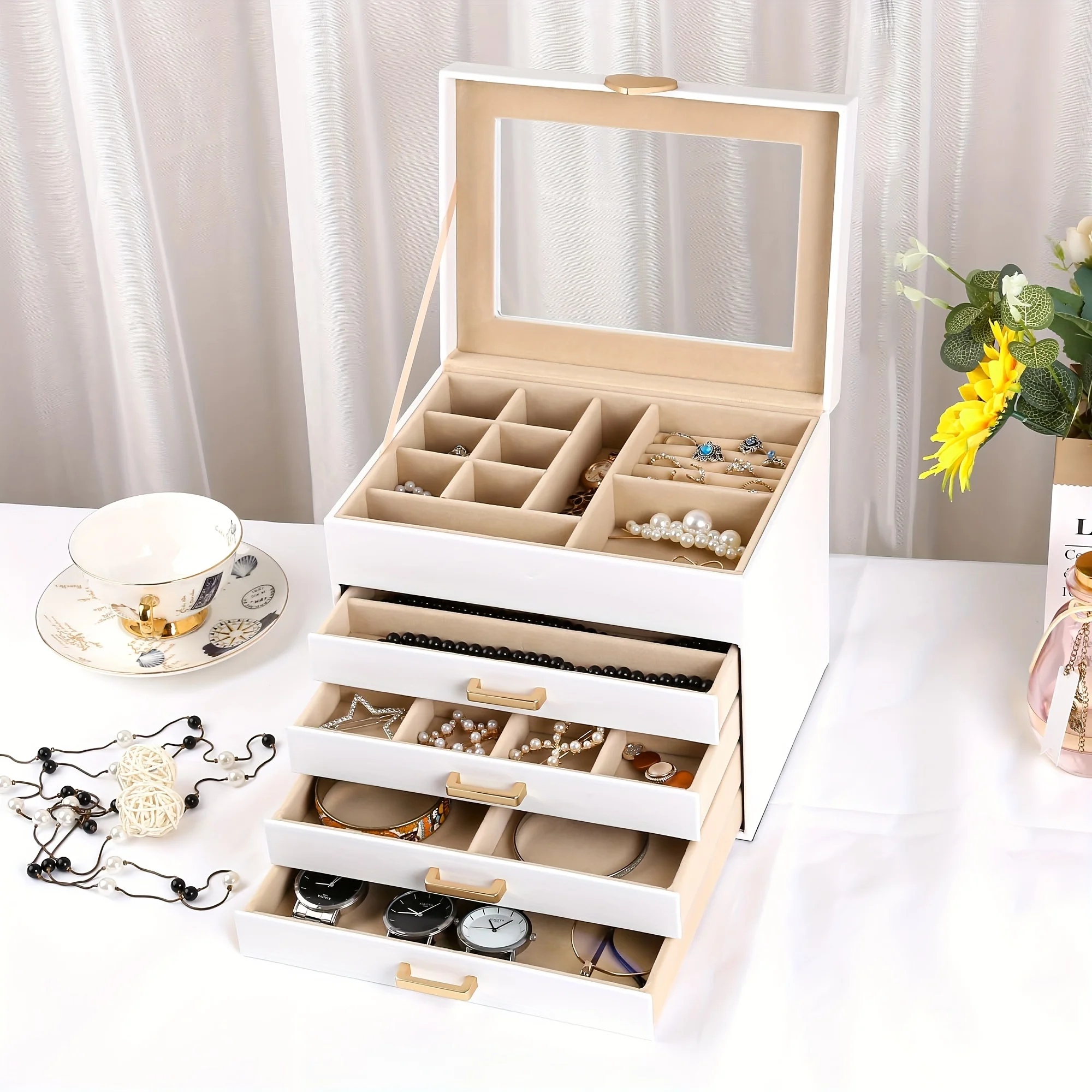 Jewelry Box 5-Layer Organizer Box with Glass Lid Brass Gold White Heart Shaped Storage Box Necklace Earrings Ring Bracelets Gift 4